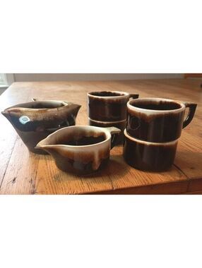 Vintage 6 Pc 1970's Set Pfaltzgraff Gourmet Brown Drip 4 Mugs/Creamer/Gravy Boat